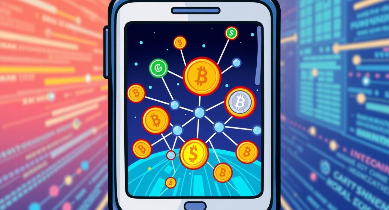 TRIA's on-chain version simplifying crypto payments across multiple blockchains in a vibrant cartoon style.