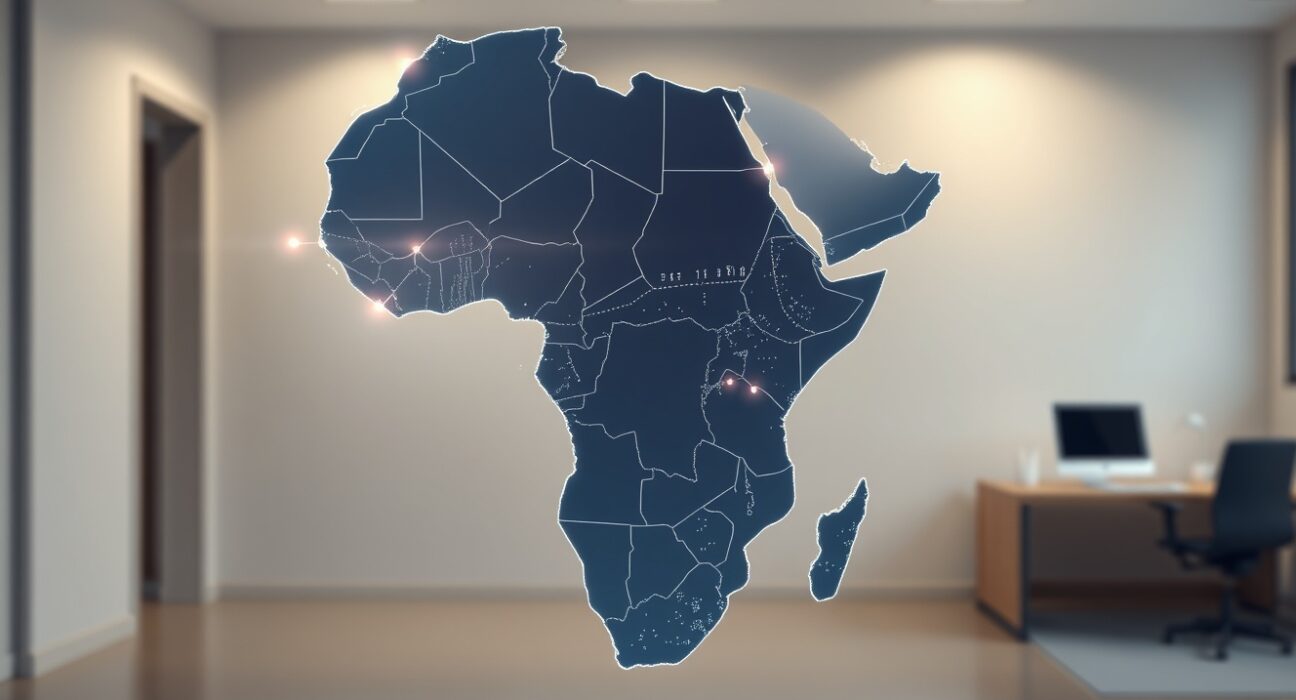 Digital payment system interface over a map of Africa representing the Trident and Ripple Strategy partnership.
