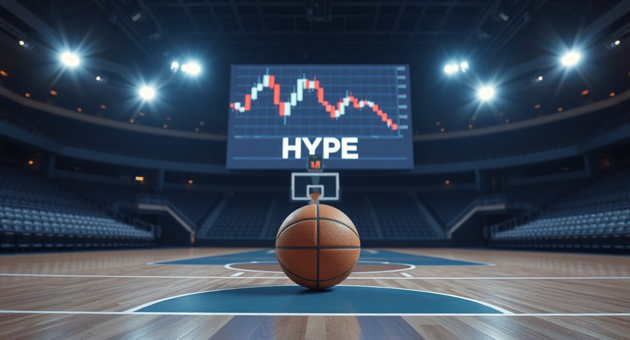 Basketball court with digital screen showing HYPE token chart and downward arrow