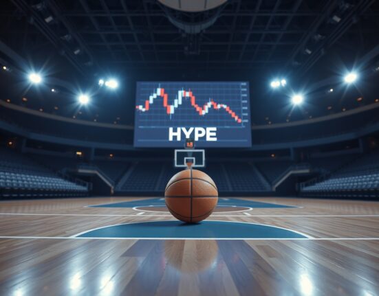 Basketball court with digital screen showing HYPE token chart and downward arrow