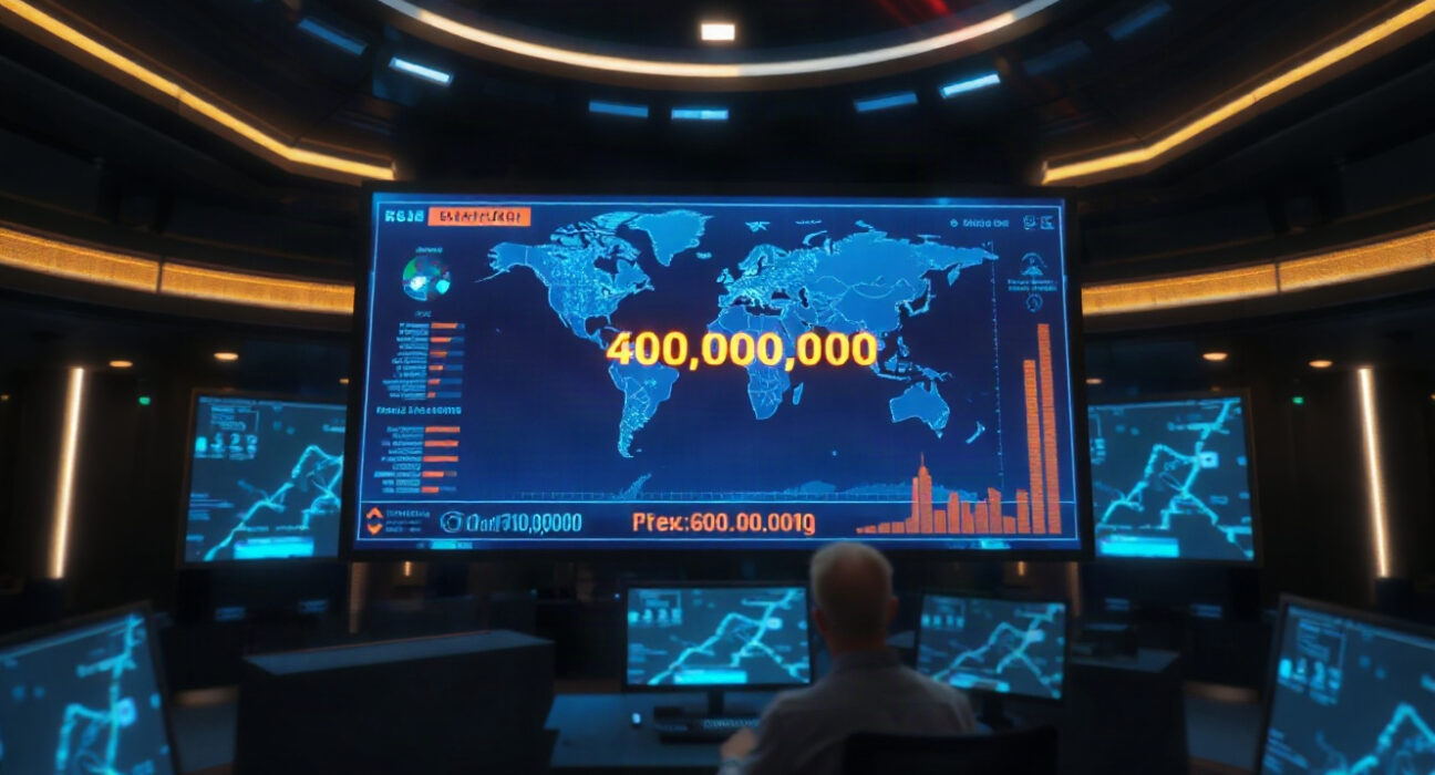 TRON network dashboard showing 400 million accounts milestone on a large screen in a control room