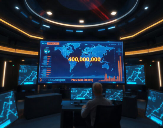 TRON network dashboard showing 400 million accounts milestone on a large screen in a control room