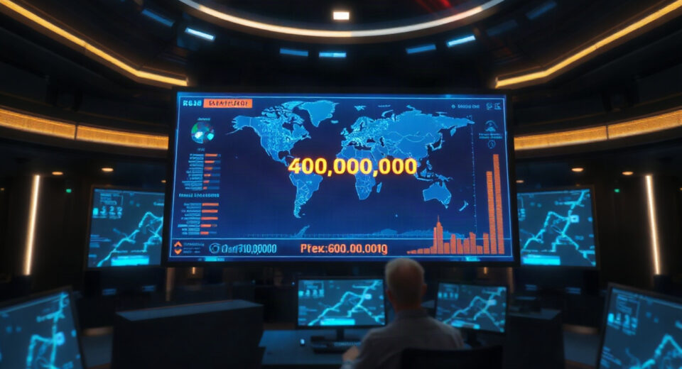 TRON network dashboard showing 400 million accounts milestone on a large screen in a control room
