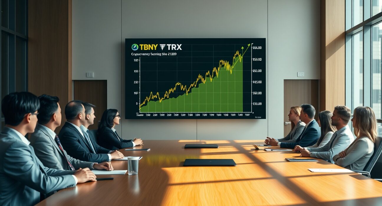 Corporate boardroom with a digital screen showing TRX cryptocurrency chart and business professionals discussing strategy.