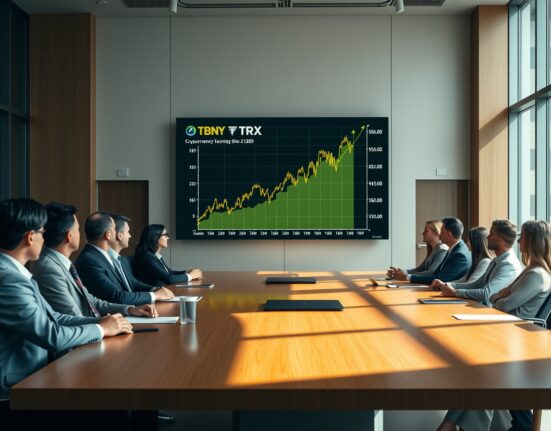Corporate boardroom with a digital screen showing TRX cryptocurrency chart and business professionals discussing strategy.