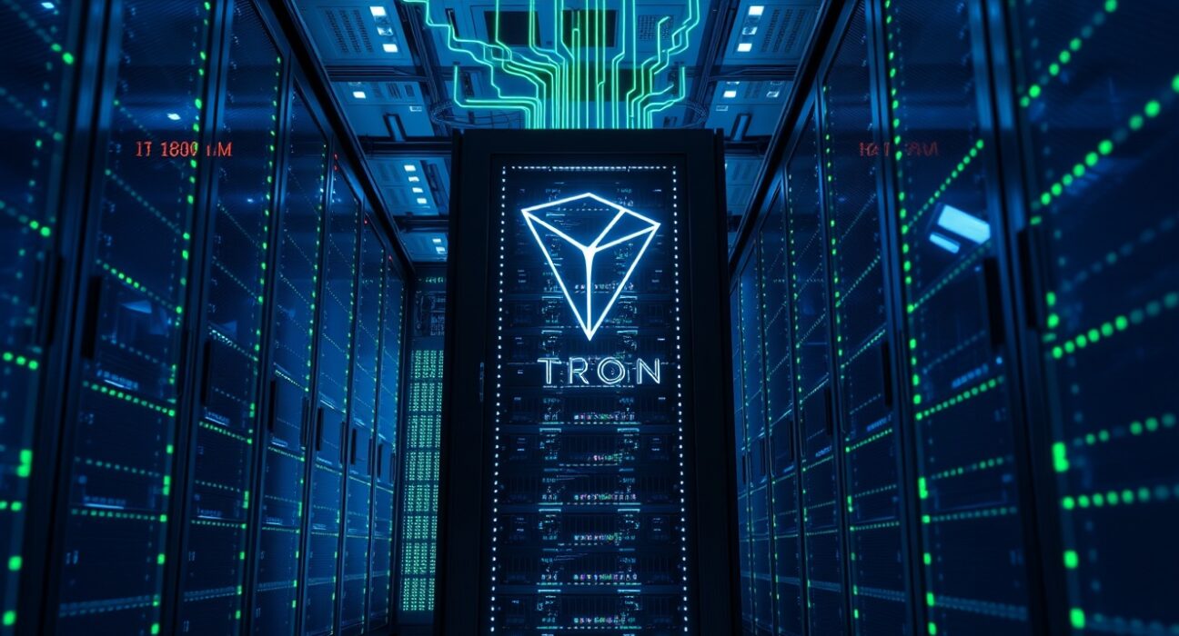 Futuristic server room with glowing blue lights representing Tron blockchain network activity