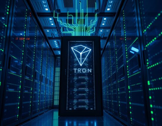 Futuristic server room with glowing blue lights representing Tron blockchain network activity
