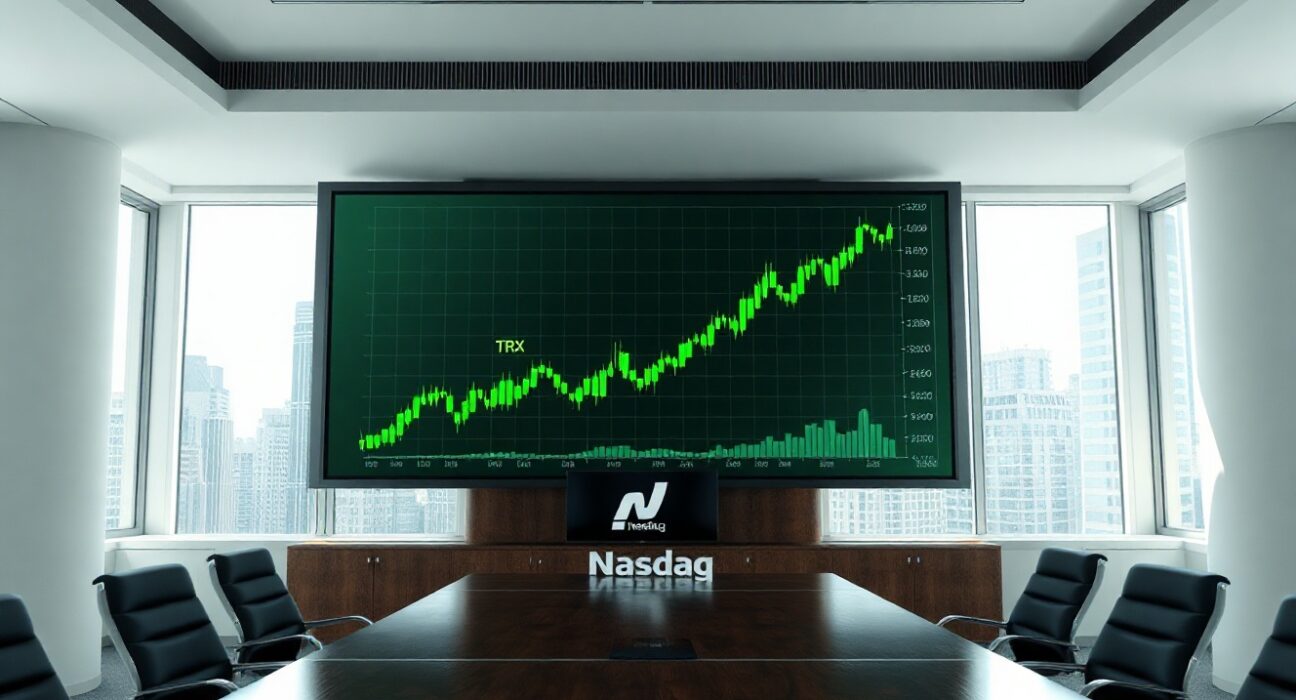 Digital screen showing TRX price chart in a modern corporate boardroom