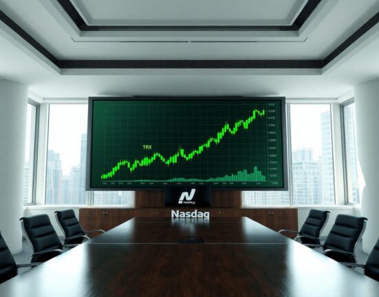 Digital screen showing TRX price chart in a modern corporate boardroom