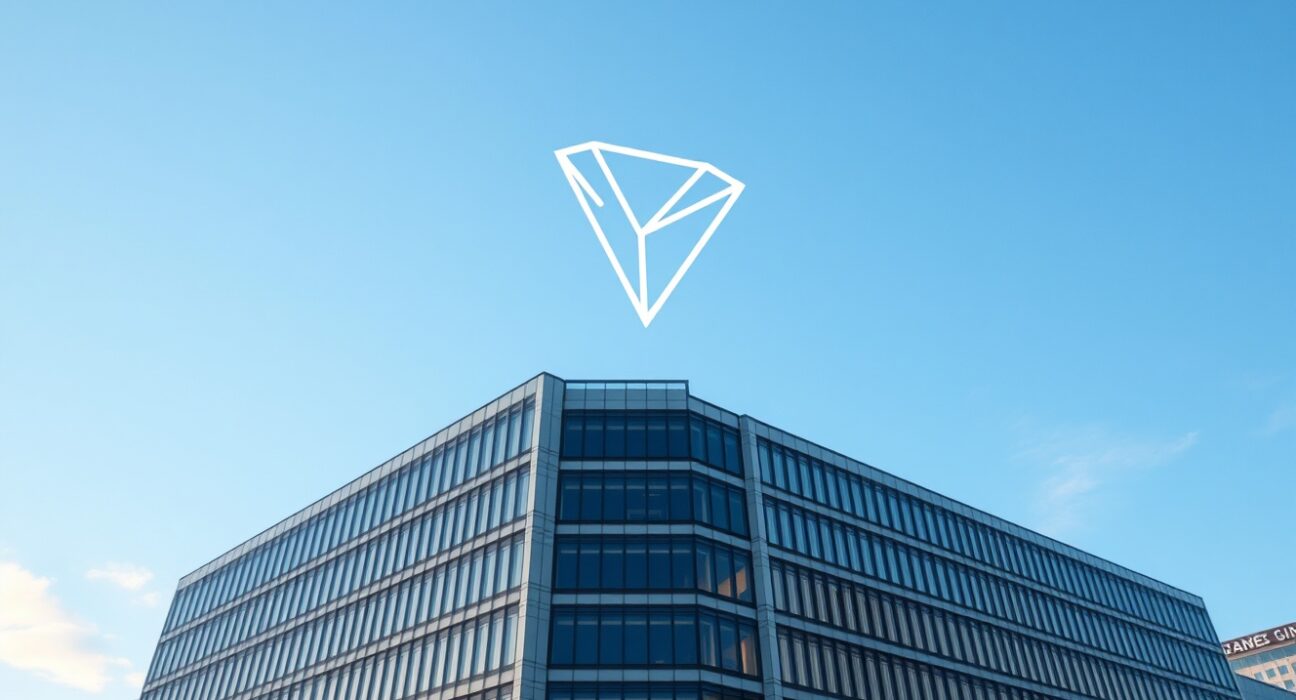 Corporate building with digital TRON logo and TRX symbol overlay representing TRX treasury holdings