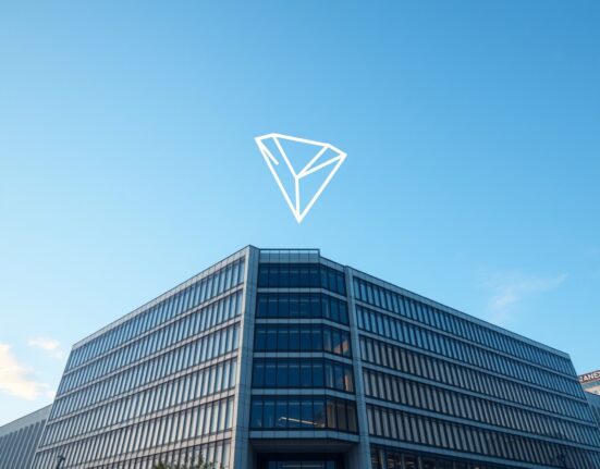 Corporate building with digital TRON logo and TRX symbol overlay representing TRX treasury holdings