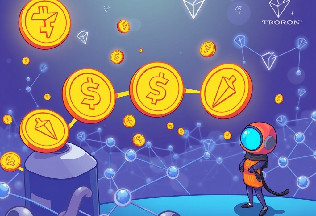 A cartoon illustration of Tron DAO USD1 being minted, symbolizing a significant stablecoin milestone in the crypto world.