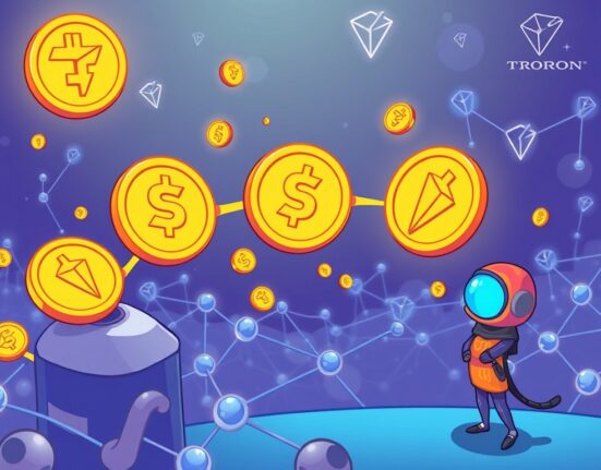 A cartoon illustration of Tron DAO USD1 being minted, symbolizing a significant stablecoin milestone in the crypto world.