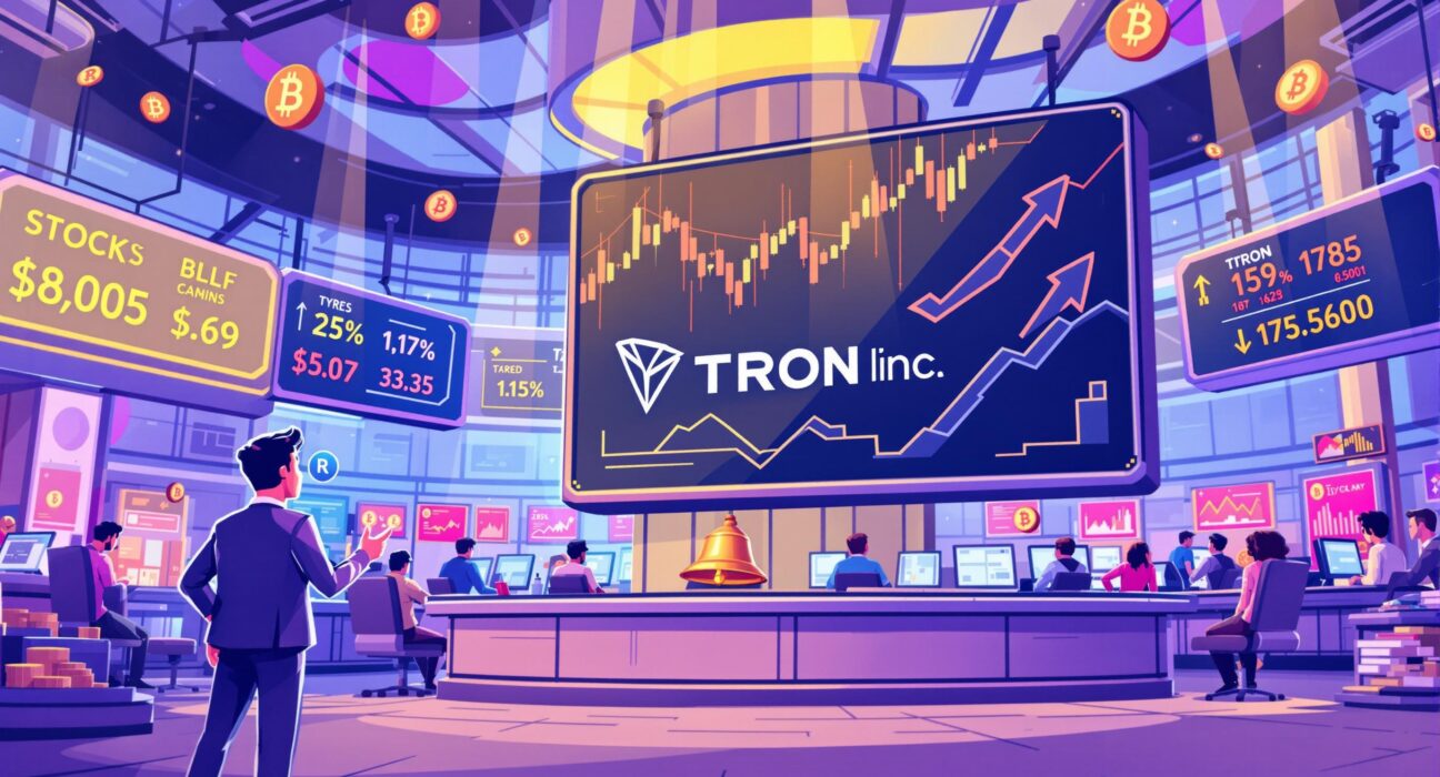 An illustration capturing the excitement of TRON Inc Nasdaq's historic rebranding on the stock exchange floor.