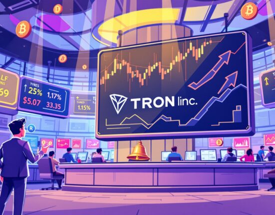 An illustration capturing the excitement of TRON Inc Nasdaq's historic rebranding on the stock exchange floor.