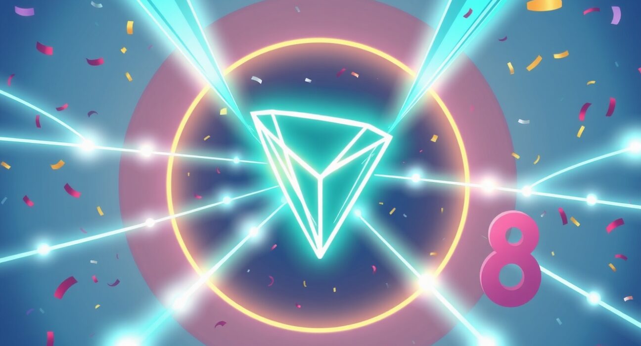 A vibrant cartoon illustration showing the new Tron logo upgrade amidst a celebration, symbolizing 8 years of blockchain innovation.