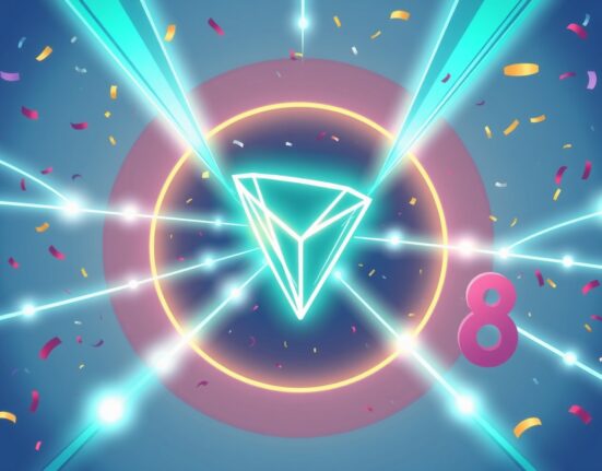 A vibrant cartoon illustration showing the new Tron logo upgrade amidst a celebration, symbolizing 8 years of blockchain innovation.