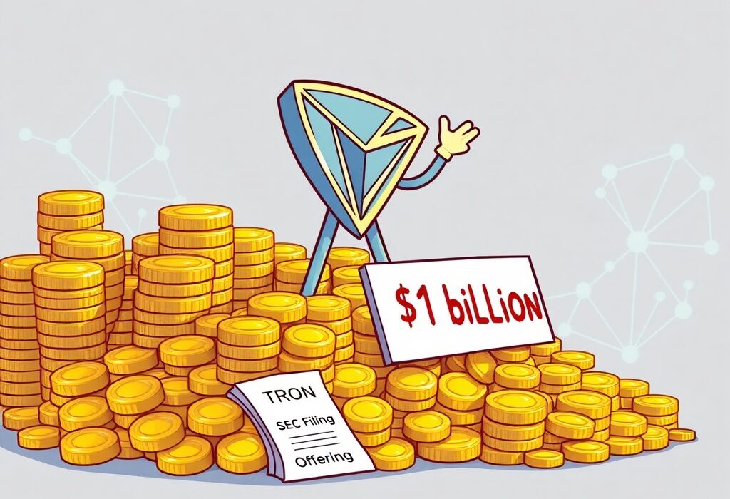 A cartoon illustration showing TRON's significant $1 billion mixed shelf offering through an SEC filing, symbolizing its strategic financial move.
