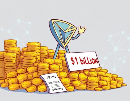 A cartoon illustration showing TRON's significant $1 billion mixed shelf offering through an SEC filing, symbolizing its strategic financial move.