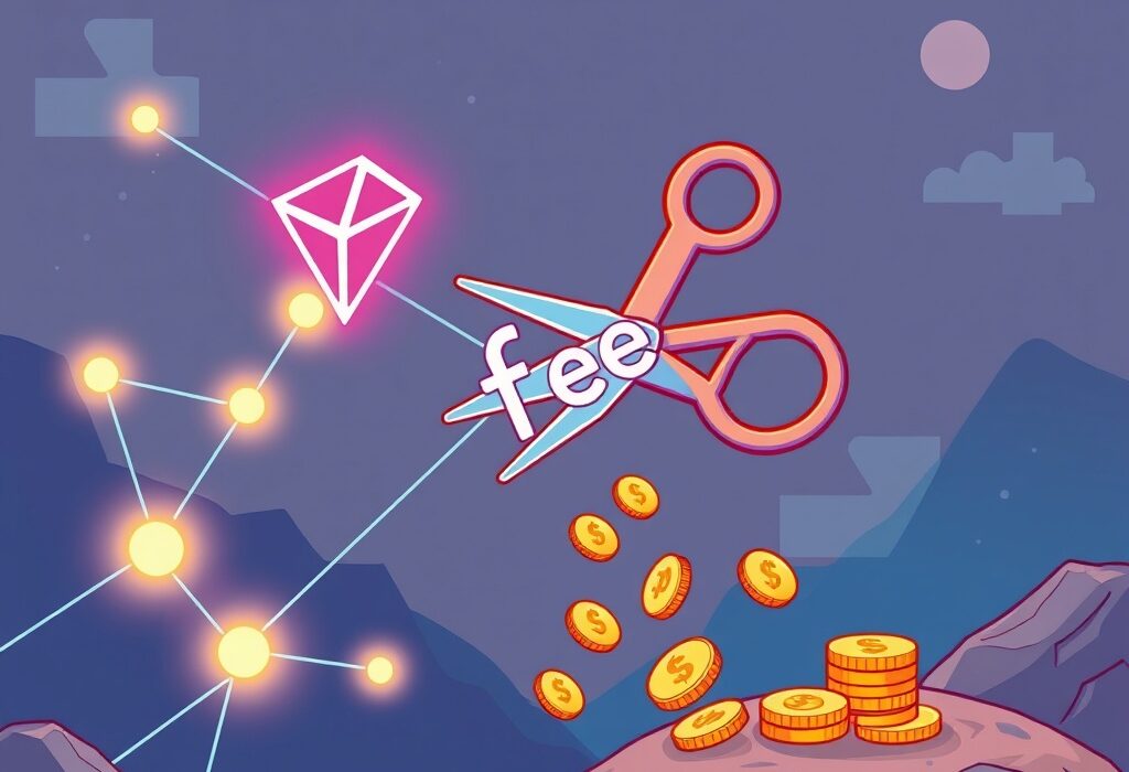 Cartoon illustration of scissors cutting a 'fee' sign on a Tron network, symbolizing the significant reduction in Tron network fees for users.