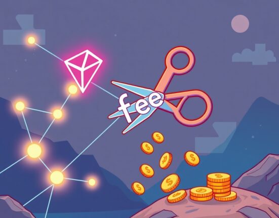 Cartoon illustration of scissors cutting a 'fee' sign on a Tron network, symbolizing the significant reduction in Tron network fees for users.