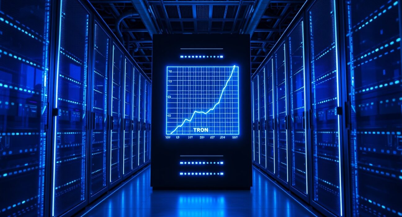 Futuristic server room with glowing blue racks and a digital display showing a transaction volume graph spiking to a new all-time high, representing the Tron blockchain record.