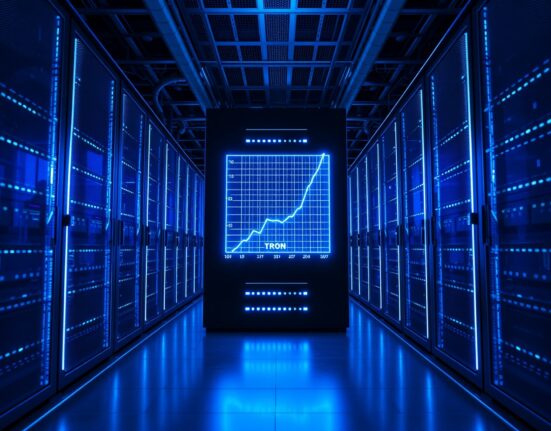 Futuristic server room with glowing blue racks and a digital display showing a transaction volume graph spiking to a new all-time high, representing the Tron blockchain record.