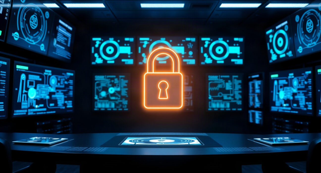 Quantum-resistant blockchain security concept with digital lock and chain in a high-tech monitoring center