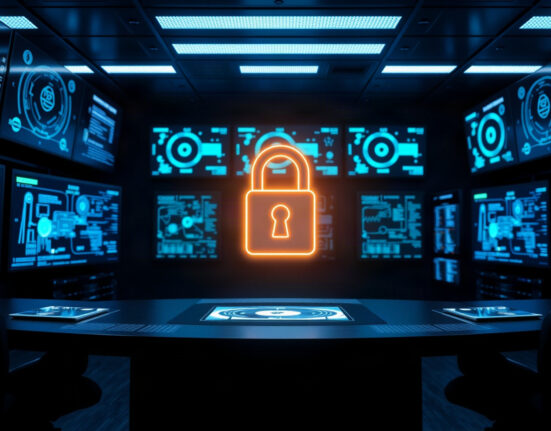 Quantum-resistant blockchain security concept with digital lock and chain in a high-tech monitoring center