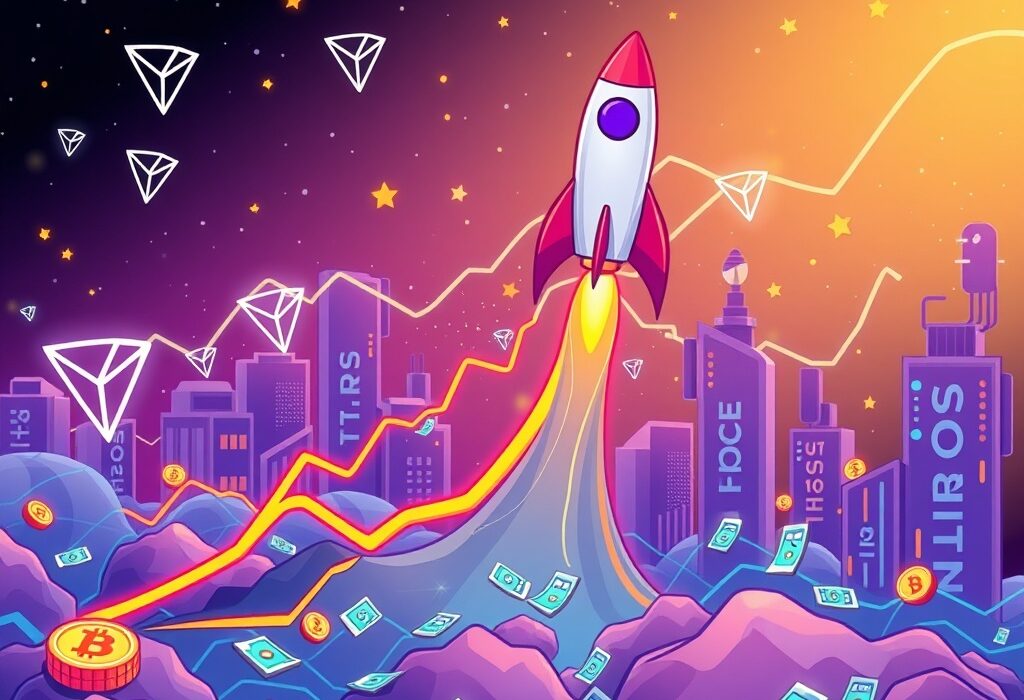 A vibrant cartoon illustrating the significant growth and record-breaking performance of the TRON blockchain in 2025.