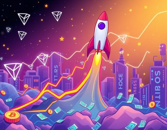 A vibrant cartoon illustrating the significant growth and record-breaking performance of the TRON blockchain in 2025.
