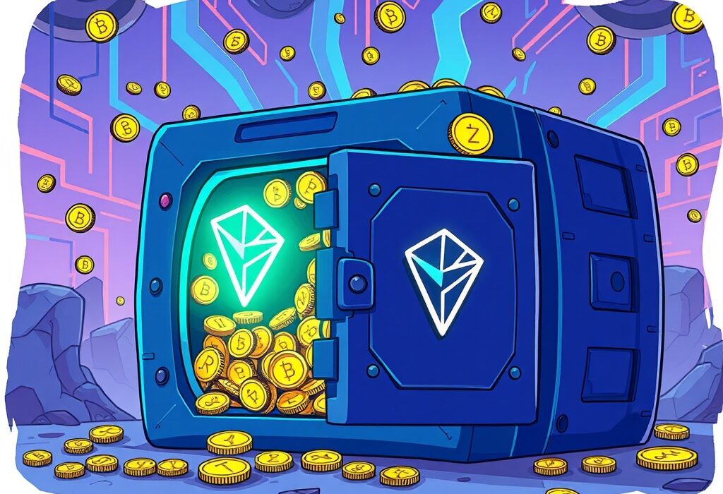 A vibrant cartoon showing a secure vault filled with TRX, symbolizing Tron's strategic TRX acquisition and growing digital assets.