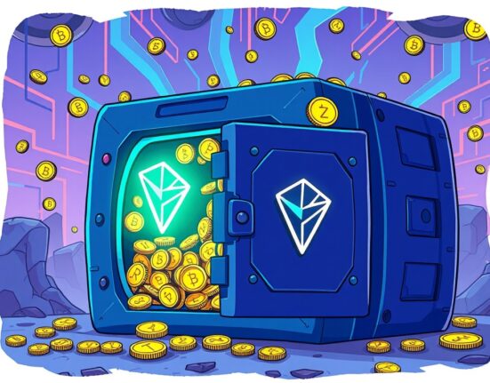 A vibrant cartoon showing a secure vault filled with TRX, symbolizing Tron's strategic TRX acquisition and growing digital assets.