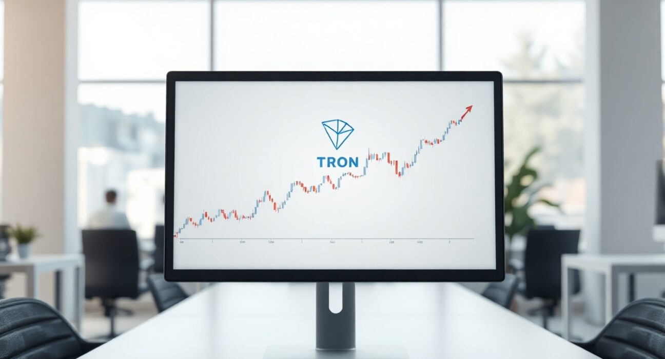 TRON (TRX) price chart displayed on a monitor in a modern, professional financial analysis setting.