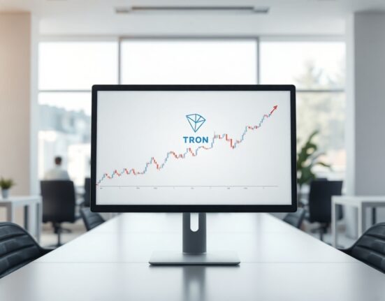 TRON (TRX) price chart displayed on a monitor in a modern, professional financial analysis setting.