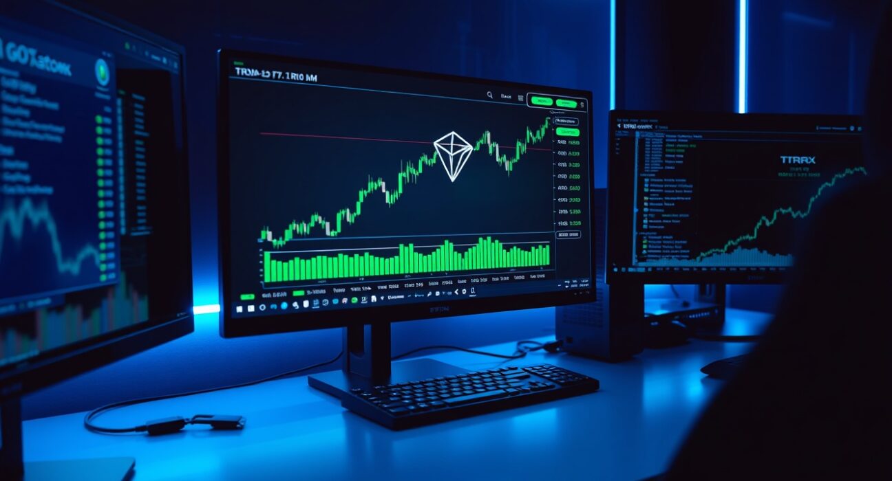 TRON (TRX) cryptocurrency price chart displayed on multiple trading monitors in a professional trading environment