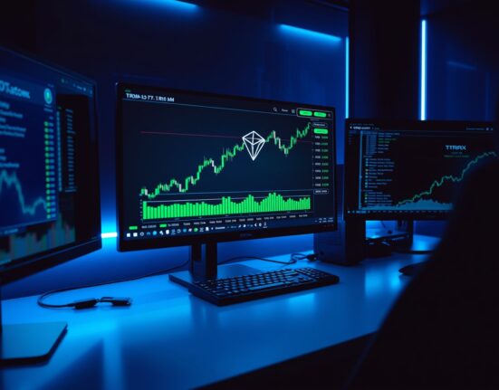 TRON (TRX) cryptocurrency price chart displayed on multiple trading monitors in a professional trading environment