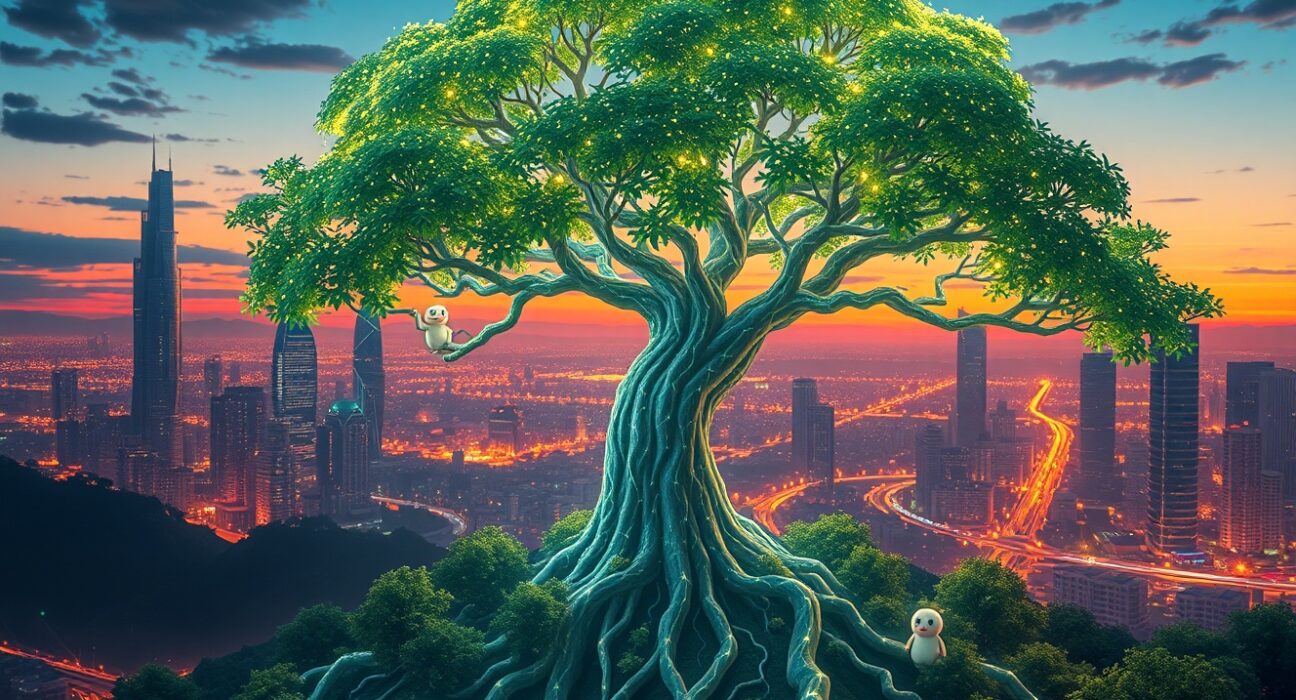 TRON blockchain network growth visualized as a glowing digital tree in a futuristic ecosystem.