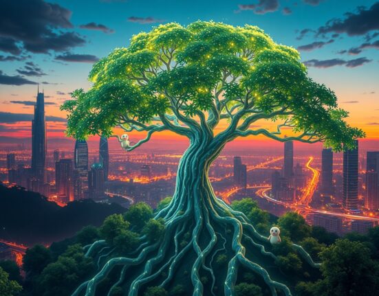 TRON blockchain network growth visualized as a glowing digital tree in a futuristic ecosystem.