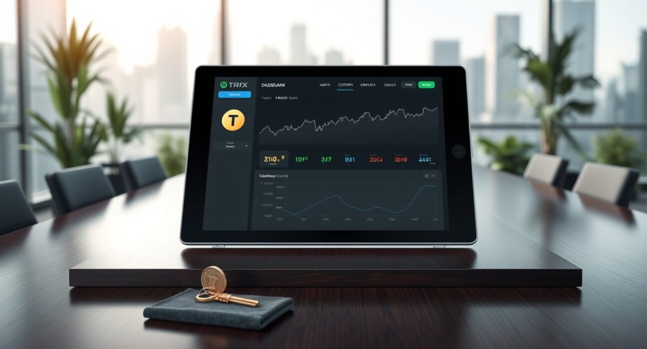 Corporate strategy for Tron TRX purchase and cryptocurrency treasury management shown with a tablet and key.