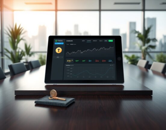 Corporate strategy for Tron TRX purchase and cryptocurrency treasury management shown with a tablet and key.
