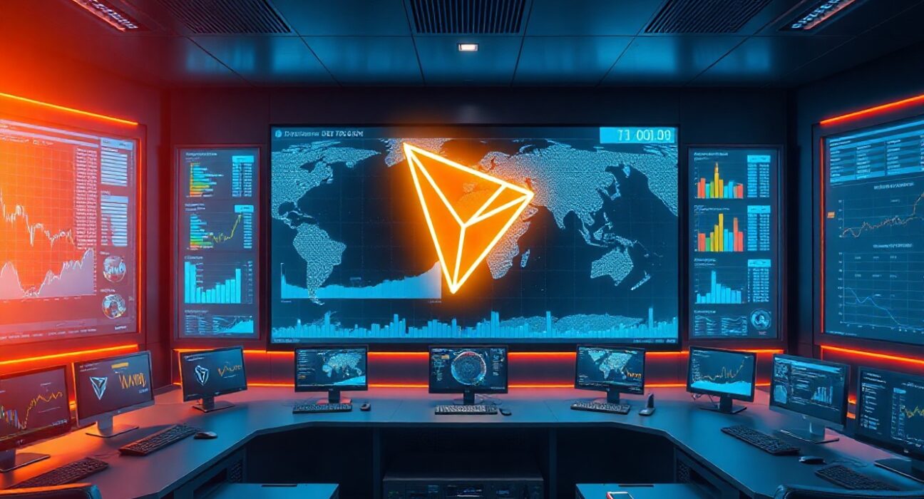 Digital screens showing TRON blockchain transaction data and USDT transfer metrics