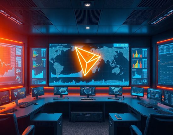Digital screens showing TRON blockchain transaction data and USDT transfer metrics