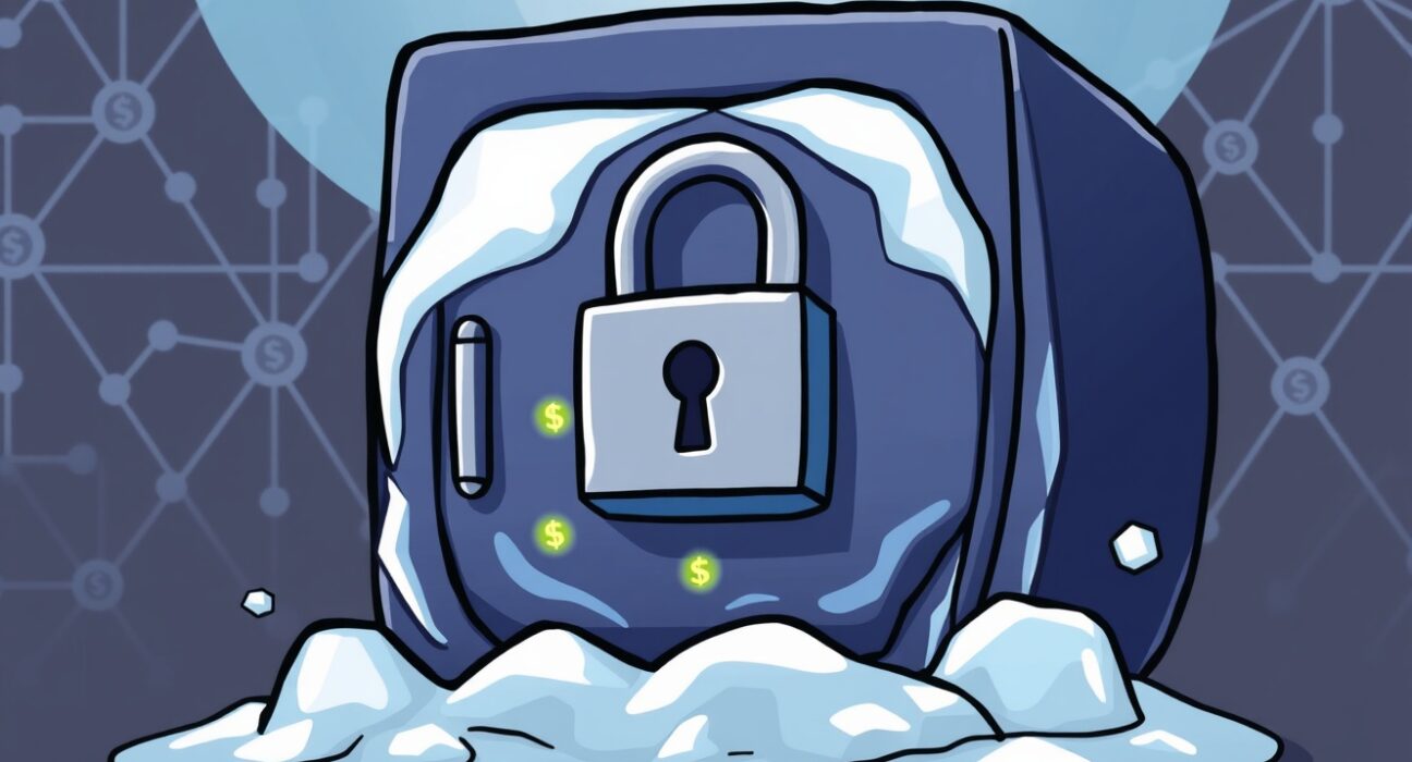 A cartoon illustration of a digital vault frozen, representing the $11.21M Tron-based USDT frozen, emphasizing the security implications.