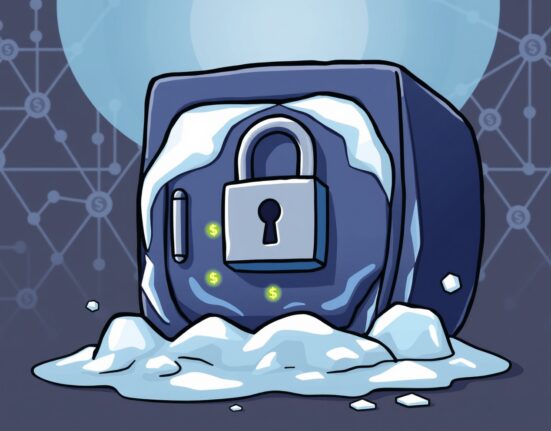 A cartoon illustration of a digital vault frozen, representing the $11.21M Tron-based USDT frozen, emphasizing the security implications.