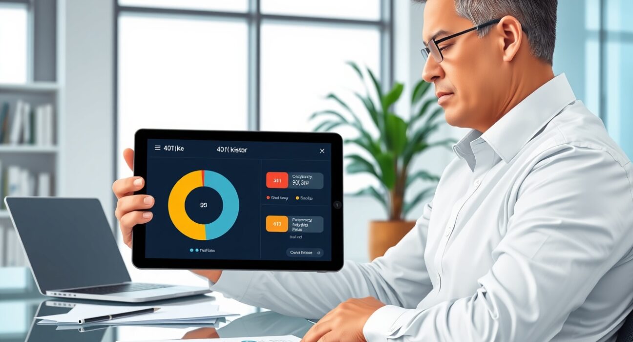 Financial advisor reviewing a 401(k) portfolio that includes cryptocurrency and alternative asset options.