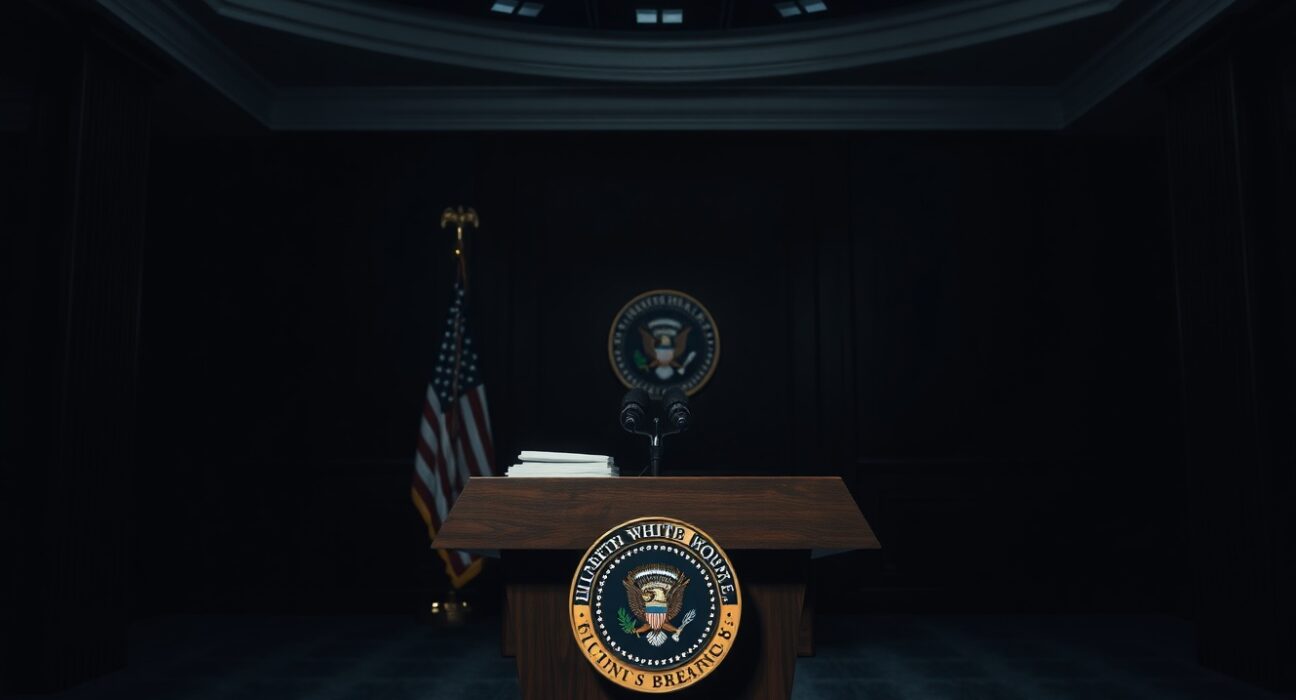 Empty White House press briefing room with presidential seal on podium, awaiting President Trump's address on Iran tensions.