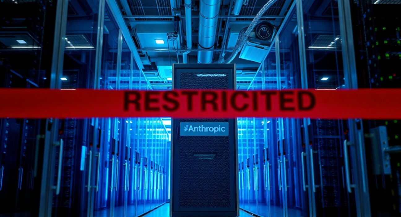 Data center with Anthropic server rack under a red restricted overlay, representing the export control order.