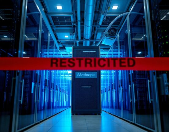Data center with Anthropic server rack under a red restricted overlay, representing the export control order.