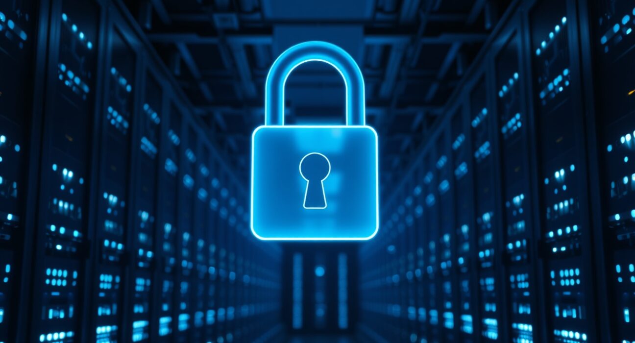 Data center server racks with a glowing cybersecurity shield symbol representing AI model access